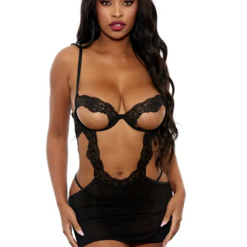 Open Cut Babydoll Set_front_1blk Open Cup Babydoll
